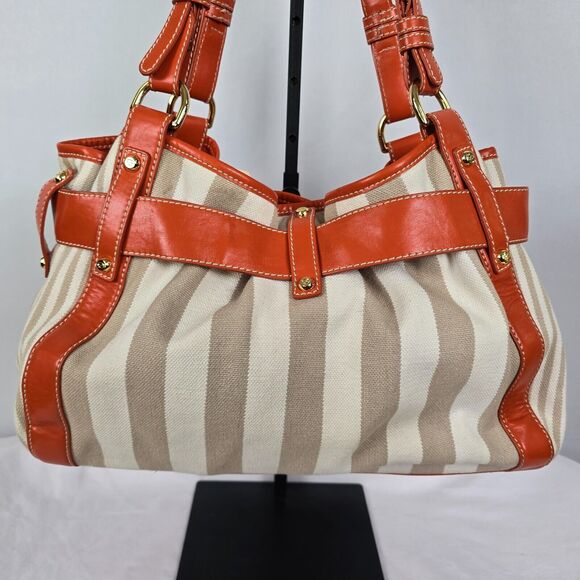 Francesco Biasia Shoulder Bag Canvas Leather Cream Tan Orange 16" x 10" x 6" - Picture 12 of 13